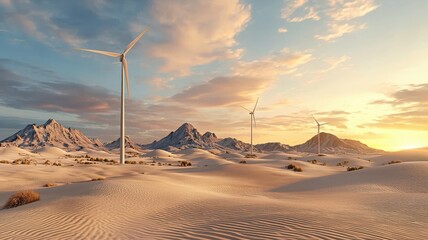 Wind Power in the Desert: A breathtaking panorama showcasing wind turbines gracefully spinning against a backdrop of sun-drenched desert dunes and snow-capped mountains.