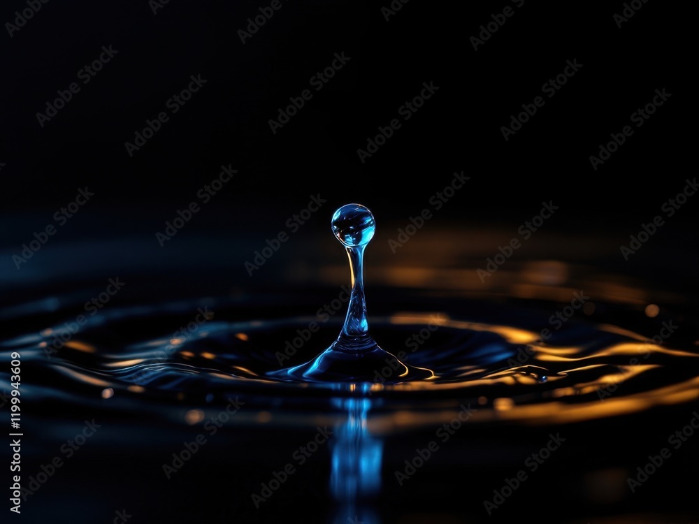 Poster water drop splash with ripple effect and illuminated reflection in dark ambient setting