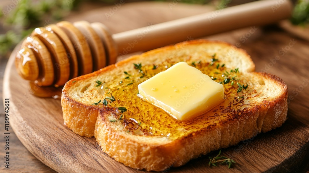 Aufkleber a close-up of golden-brown toast with a crispy texture, spread with creamy butter and a drizzle of h