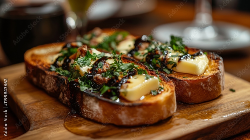 Poster A close-up of golden-brown toast with a crispy texture, spread with creamy butter and a drizzle of honey, placed on a rustic wooden board.