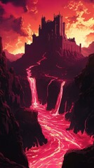 Lava flows past a dark castle on a fiery red landscape