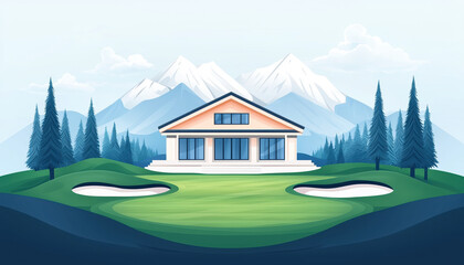 serene golf course landscape featuring modern clubhouse surrounded by mountains and trees. lush green fairway and sand traps create picturesque scene for golf enthusiasts