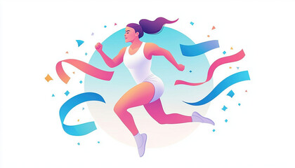 Dynamic woman running with colorful ribbons in vibrant background, showcasing energy and movement. This illustration captures spirit of athleticism and celebration