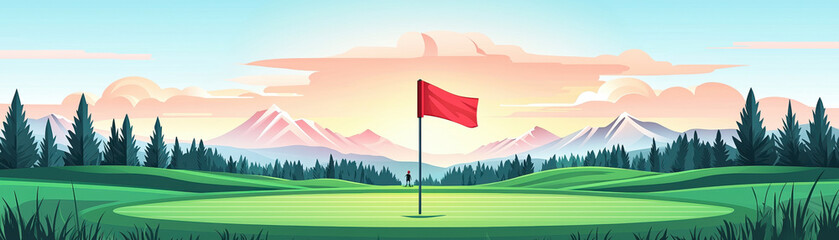serene golf course landscape featuring red flag on green, surrounded by mountains and trees under colorful sky. Perfect for golf enthusiasts and nature lovers