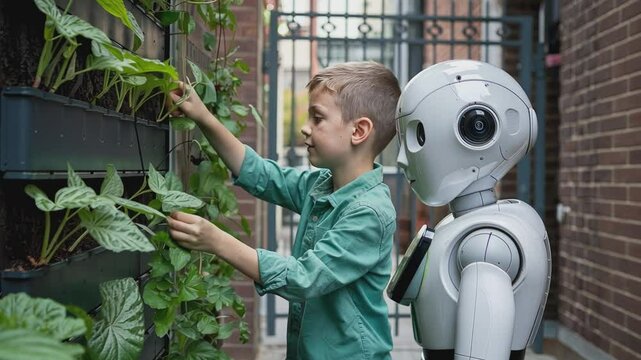 A Future Rooted in Growth: A young boy tends to a vertical garden, his robotic companion standing by his side. The image captures the harmonious coexistence of technology and nature.