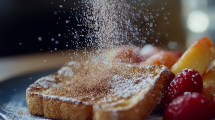 A close-up of sweet cinnamon toast sprinkled with sugar and cinnamon, served on a plate with a side of fresh fruit for a cozy dessert vibe.