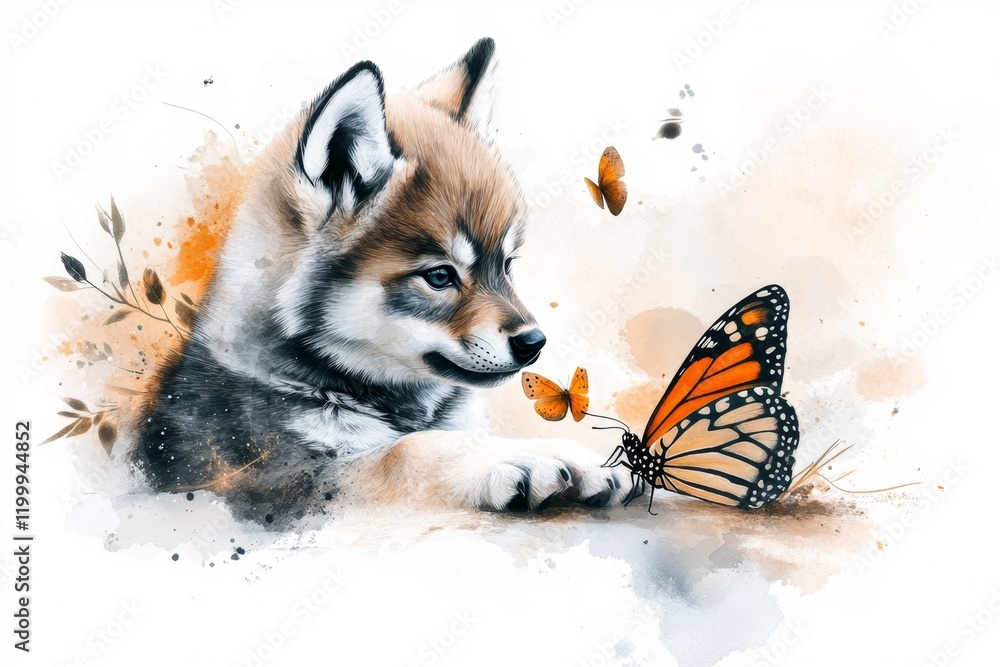 Poster A simple 2D drawing of a wolf cub playing with a butterfly, surrounded by soft shading and neutral tones on a white background