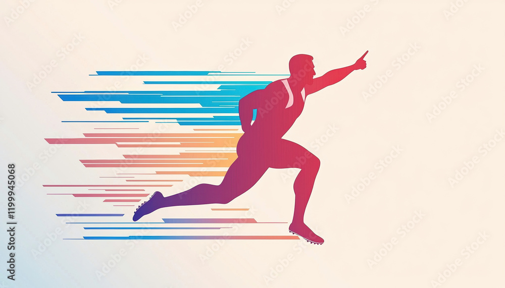 Poster victorious sprinter points to sky, showcasing determination and speed in dynamic abstract design. vi