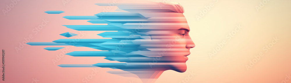 Poster modern abstract illustration depicting human profile with dynamic geometric shapes in motion, symbol