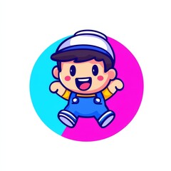 Fototapeta premium A cheerful cartoon boy in blue overalls and a cap, set against a vibrant pink and blue background.