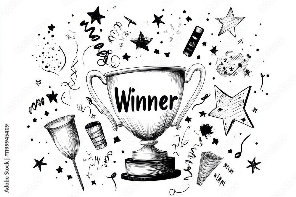 Poster a simple drawing of a trophy with â€œwinnerâ€ engraved on it, surrounded by small stars and streame