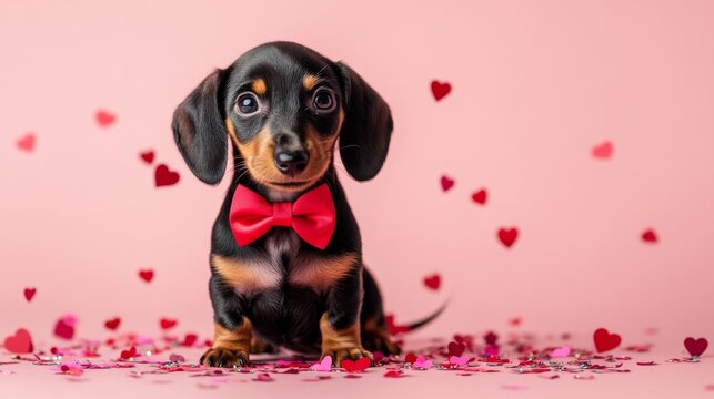 Playful dachshund puppy with red bowtie and heart confetti on pink background symbolizing love and celebration of Valentine&rsquo;s Day