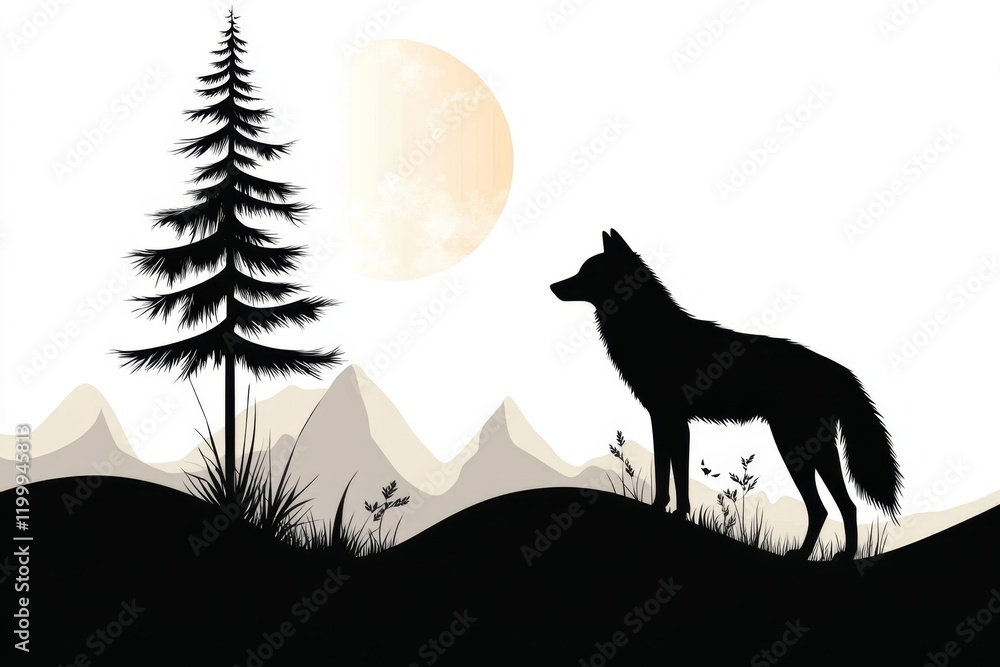 Poster A simple line art of a wolf standing on a hill, with a single tree and a faint moon in the background
