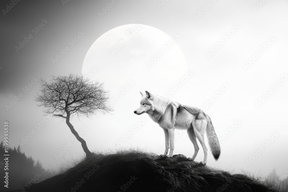 Poster A simple line art of a wolf standing on a hill, with a single tree and a faint moon in the background