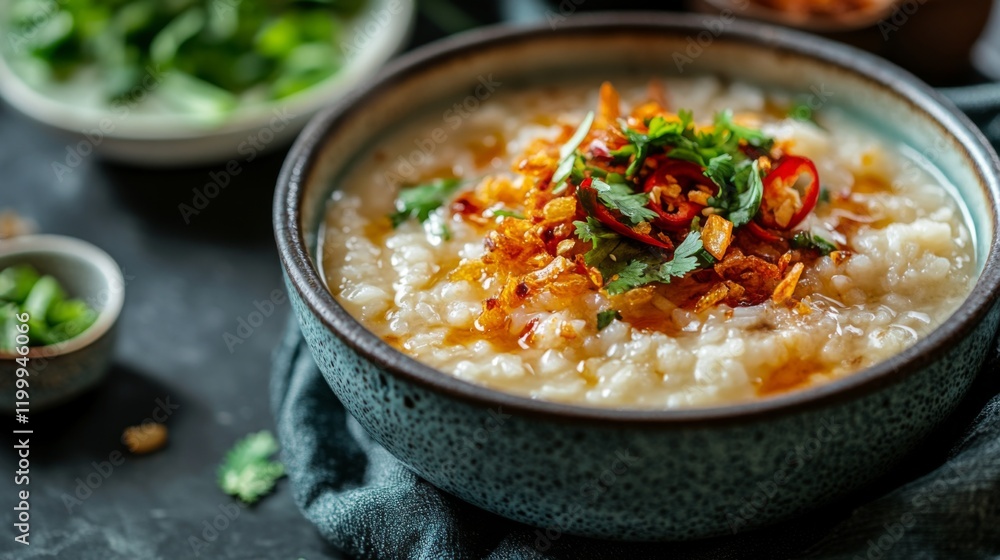 Poster A close-up view of a bowl of fragrant rice porridge topped with crispy fried garlic, sliced chili, and a drizzle of soy sauce, showcasing its comforting texture.