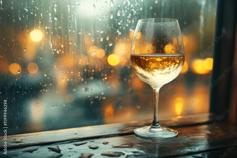 Poster a single wine glass placed on a windowsill, with raindrops on the glass window and soft light stream