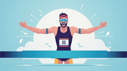 triumphant male triathlete crosses finish line with arms wide open, celebrating victory. His athletic gear and sunglasses reflect his determination and joy