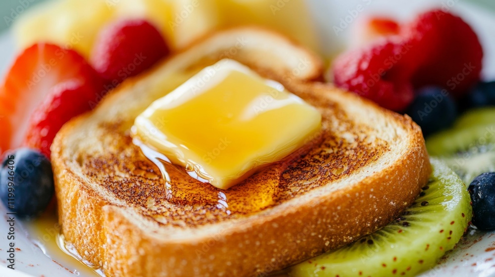 Poster a close-up view of a slice of honey toast on a plate, oozing with melted butter and syrup, surrounde