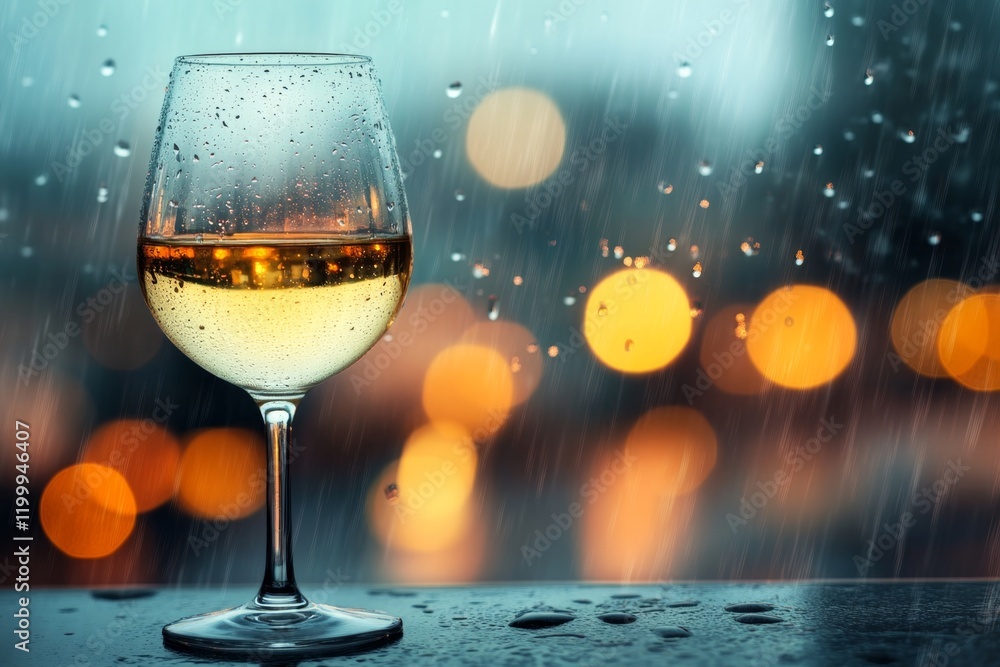 Poster a single wine glass placed on a windowsill, with raindrops on the glass window and soft light stream