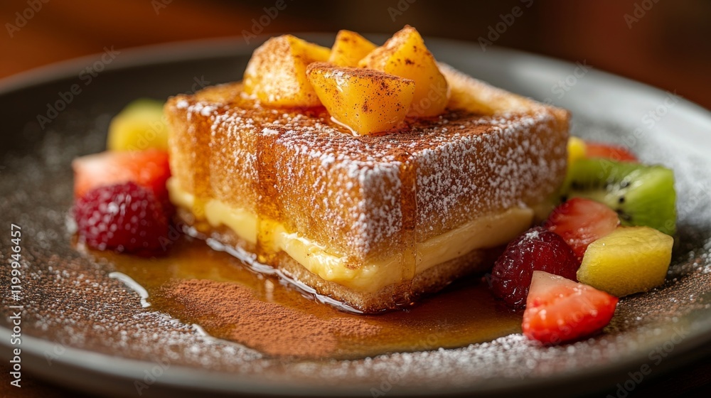 Poster a close-up view of a slice of honey toast on a plate, oozing with melted butter and syrup, surrounde