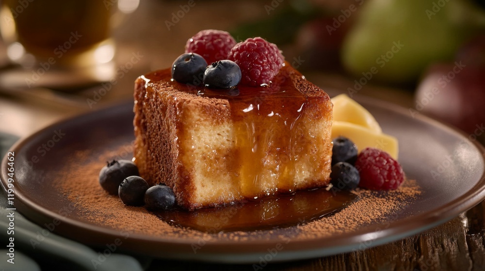 Poster a close-up view of a slice of honey toast on a plate, oozing with melted butter and syrup, surrounde
