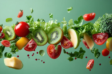 Fruits and vegetables flying in the air, colorful and vibrant, creating a dynamic and playful scene full of energy and motion.