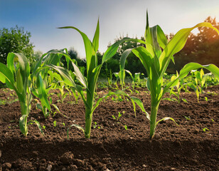 Obraz premium Young corn plants grow in rows on rich soil with sunlight glowing behind their green leaves.