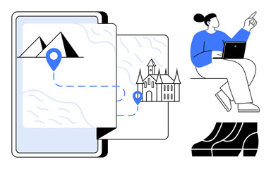 Woman using laptop, digital map with location markers and route from mountains to a castle. Ideal for travel planning, adventure, navigation, exploration, tourism, technology vacation. Abstract line