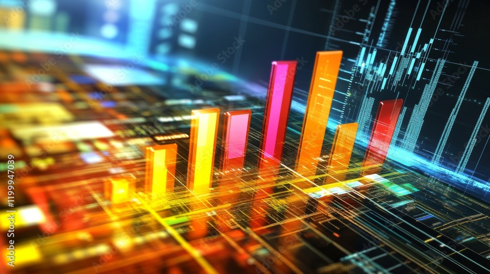 Leinwandbilder A colorful D bar graph with glowing, stacked bars, illustrating progress and data analysis in a vibrant, high-tech setting