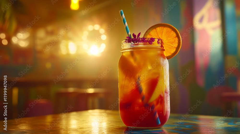Poster a colorful arrangement of freshly squeezed orange juice served in a mason jar, garnished with an ora