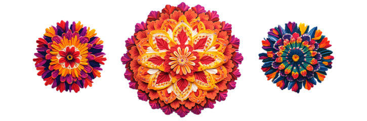 Bright and vibrant rangoli art with multiple colors and intricate detailing in a circular floral pattern isolated on a white background, png
