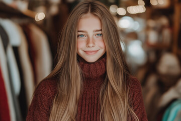 Young girl with long hair smiling warmly in cozy sweater during indoor gathering