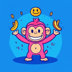 Fototapeta premium A cheerful pink monkey juggles bananas and coins against a bright blue background, exuding fun and playfulness.