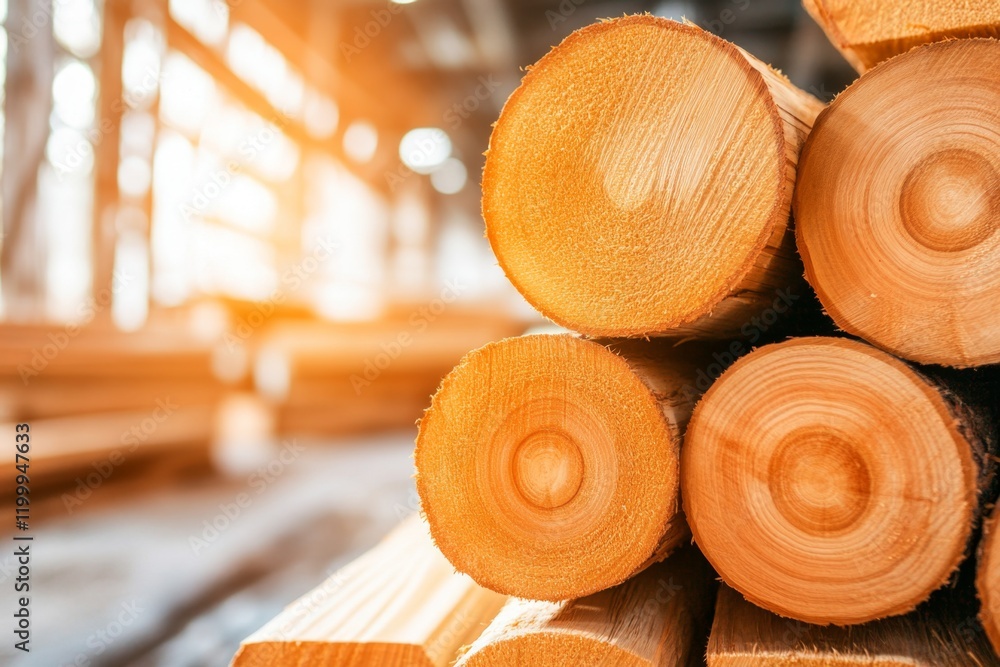 Poster a stack of freshly cut lumber in a sawmill, with visible textures of the wood and light filtering th