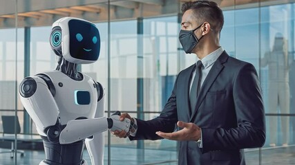 A Handshake of the Future: A businessman, wearing a face mask, extends his hand in a gesture of collaboration, as a friendly, humanoid robot with a digital face reaches out to meet it. - Powered by Adobe