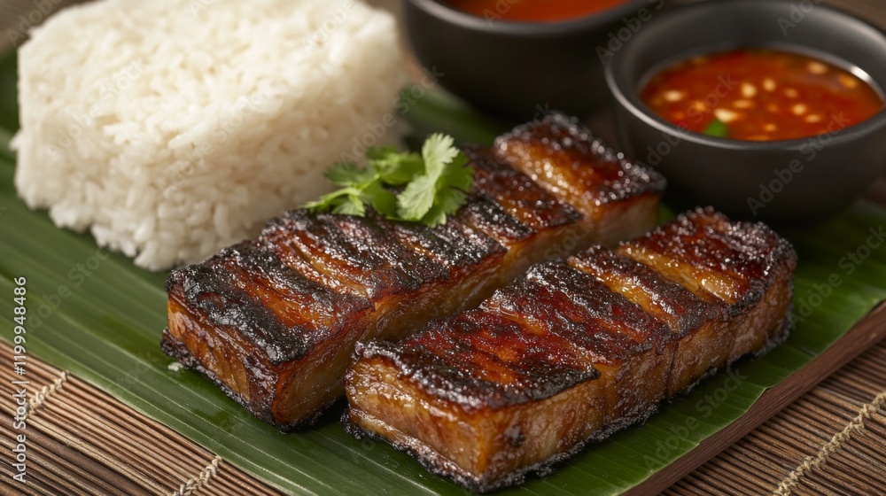 Aufkleber a cozy setting featuring a serving of pork belly with fish sauce, garnished with fresh herbs and acc