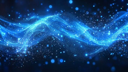 Abstract blue glowing wave particles, energy, motion, technology background.