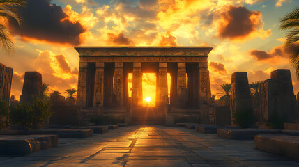 Fototapeta premium A Serene Ancient Temple Bathed in Golden Sunset Light Amidst Lush Vegetation