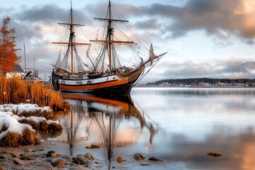Obraz premium A traditional wooden ship with masts and sails, docked at a harbor with gentle waves lapping against its hull