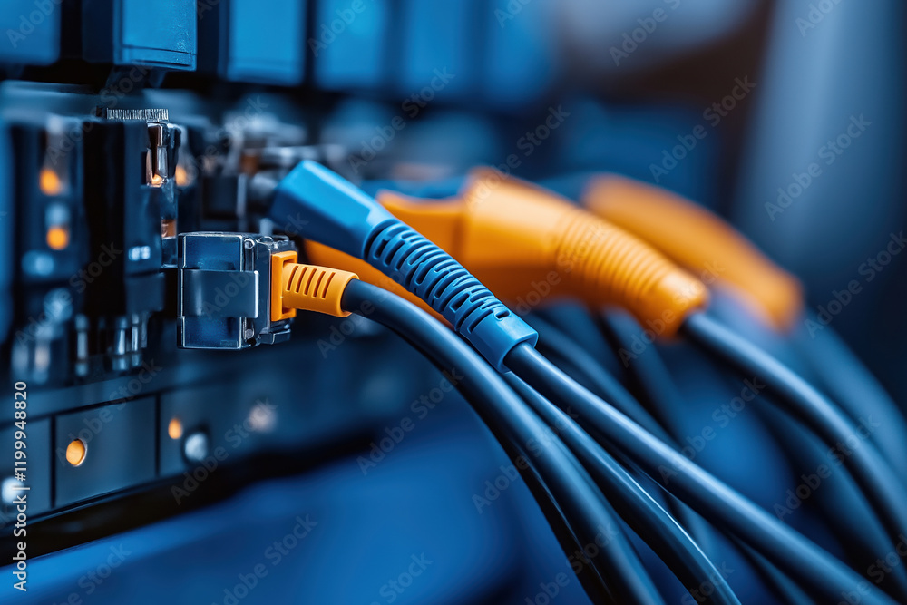 Poster connecting devices with cables in a modern technology setting for data transmission