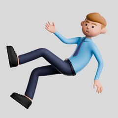 3D render illustration of cartoon Caucasian man in blue shirt and tie, floating in the air falling gesture, isolated on white background.