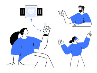 Three people interacting with wearable technology emphasizing health monitoring. Ideal for fitness, healthcare, innovation, technology, wearable devices, modern lifestyle, wellness. Simple abstract