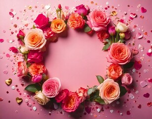 Frame made of rose flowers, confetti on pink background. Valentine's Day background