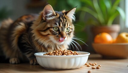 Close up Long haired cat eating organic food from a bowl. Cat eating dry food from white bowl at home. Feeding your pet. Animals and pets feed concept