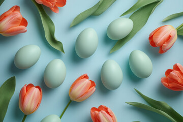 Colorful Easter eggs surrounded by vibrant tulips in a lush garden, symbolizing the arrival of spring and joyous holiday celebrations.