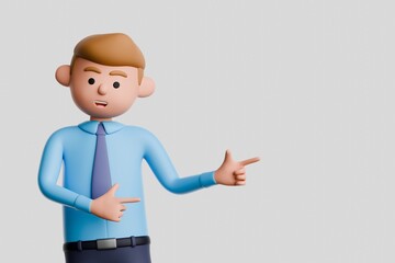 3D render illustration of cartoon Caucasian businessman in formal blue shirt and tie, pointing to the side making presenting gesture, isolated on white background.
