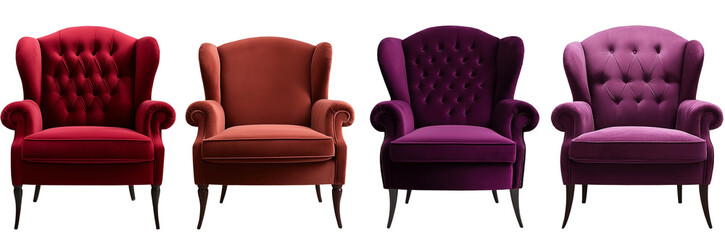  4 different styles of velvet armchairs, in red and purple colors, with a transparent background png
