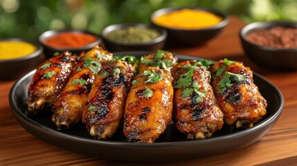 black plate showcasing baked chicken wings and legs in honey mustard sauce with an Indian twist