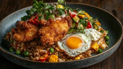 Fototapeta premium A delicious serving of American fried rice with golden-brown fried chicken, scrambled eggs, and garnished with fresh herbs and vegetables on the side