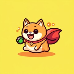 A cheerful cartoon dog with a cape holds a green ball, set against a bright yellow background, exuding a playful and adventurous vibe.